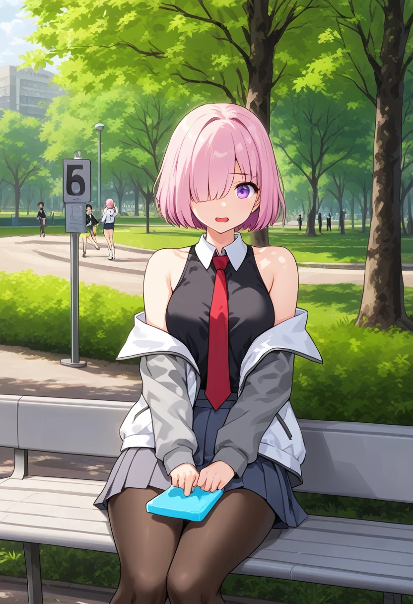 1 woman, Short hair, pink hair, purple eyes, hair above one eye, black shirt, white collar, red tie, Two-tone jacket, white jacket, gray sleeves, long sleeves, skirt, pantyhose, outdoors, seat, park, off shoulder, bare shoulders, popsicle score_9, score_8_consolation, score_7_consolation, score_6_consolation, score_5_consolation, score_4_consolation, BREAK Source_japanese cartoon movies, ((masterpiece,꽉끼는 skirt)), A beautiful smile, office job,((tight skirt)),발가락,양말, 