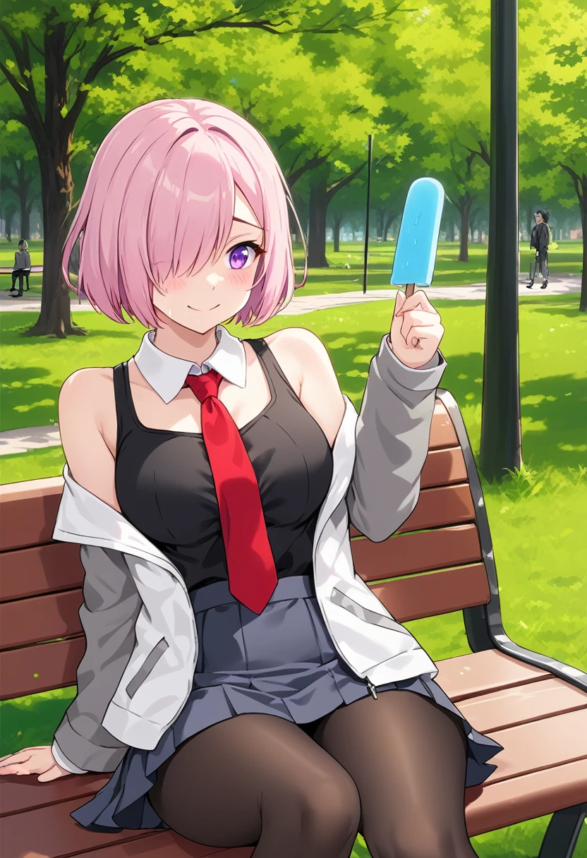 1 woman, Short hair, pink hair, purple eyes, hair above one eye, black shirt, white collar, red tie, Two-tone jacket, white jacket, gray sleeves, long sleeves, skirt, pantyhose, outdoors, seat, park, off shoulder, bare shoulders, popsicle score_9, score_8_consolation, score_7_consolation, score_6_consolation, score_5_consolation, score_4_consolation, BREAK Source_japanese cartoon movies, ((masterpiece,꽉끼는 skirt)), A beautiful smile, office job,((tight skirt)),발가락,양말, 