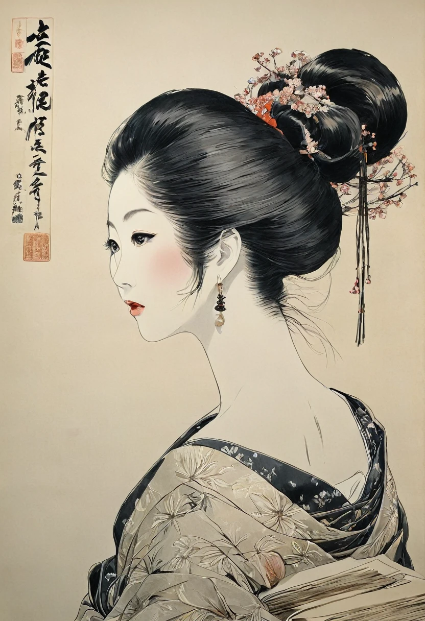 Ink painting,Black and white painting,Upper Body.profile,(A kimono with a wide open back collar that allows the back to be seen from the nape of the neck:1.2),(A gorgeously made-up courtesan),(Ornately decorated５Put a big hairpin made of a book in your hair:1.2),butterfly々,