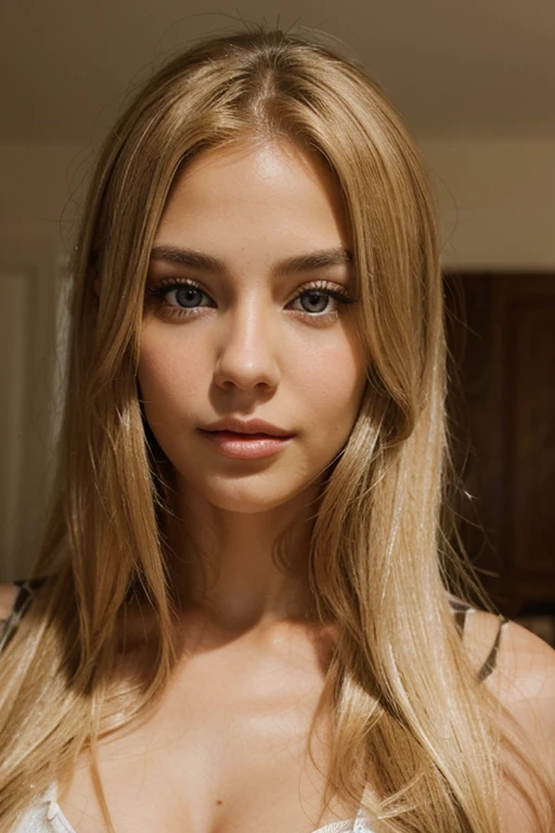 Create me a realistic blonde woman with beautiful straight hair , brown eyes cute a beautiful mouth