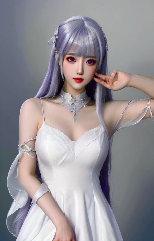  ulzzang-6500-v1.1,(raw photo:1.2),((photorealistic:1.30)), ((best quality)) ,((masterpiece)),((Ultra High Resolution)), ((Clear View)),,Ultra-high resolution,Clear face,（Reality：1.4) ,  illustration, an extremely delicate and beautiful, extremely detailed ,CG ,unity ,8k wallpaper, Amazing, finely detail, masterpiece,best quality,official art,extremely detailed CG unity 8k wallpaper,absurdres, incredibly absurdres, huge filesize, ultra-detailed, highres, extremely detailed,beautiful detailed girl, extremely detailed eyes and face, beautiful detailed eyes,light on face,cinematic lighting, 1girl, 独奏, long hair, white hair, bangs, hair ornament, purple eyes, dress, white dress, (full body:1:5),