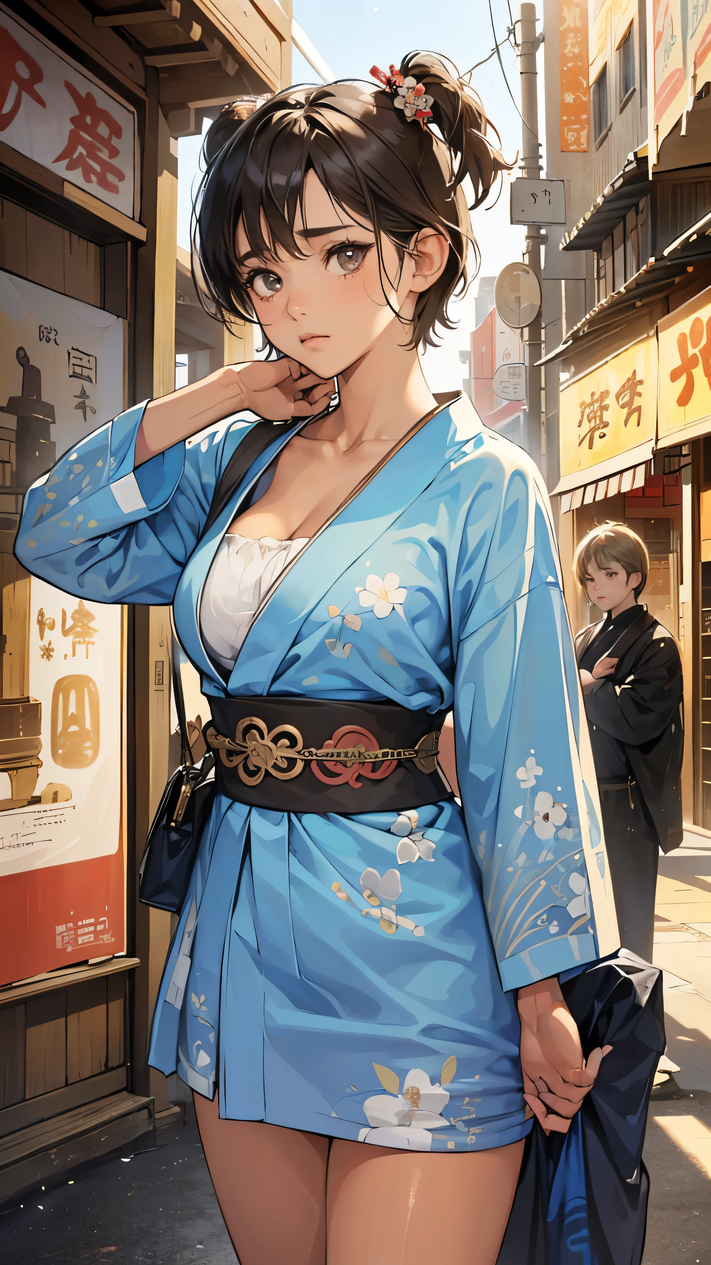 (perfect anatomy:1.2)(absurdres, highres, ultra detailed),masterpiece,best quality,high resolution,8k,Realistic face,Realistic skin texture,magnified textures, stunning clarity,detailed anime girl,(ultra detailed eyes and face),(1 girl)(:1.2),(baby face:1.2),japanese girl,floral printed blue yukata,、(very short hair:1.5)(two side up:1.6)、tareme,light brown hair:1.2,kanzashi、glamor、short stature、(bust up:1.4),Steampunk in the Edo Period、(Vivid hieroglyph signs and street advertisements:1.2)、,autumn、hieroglyph,souk、Shopping Street、Ancient Egyptian statues,reaching out,(tanned skin:1.5),big breasts,look up viewer,round face,Shoulder Bare,(from front:1.2),cleavage cutout,(Despairing:1.5)