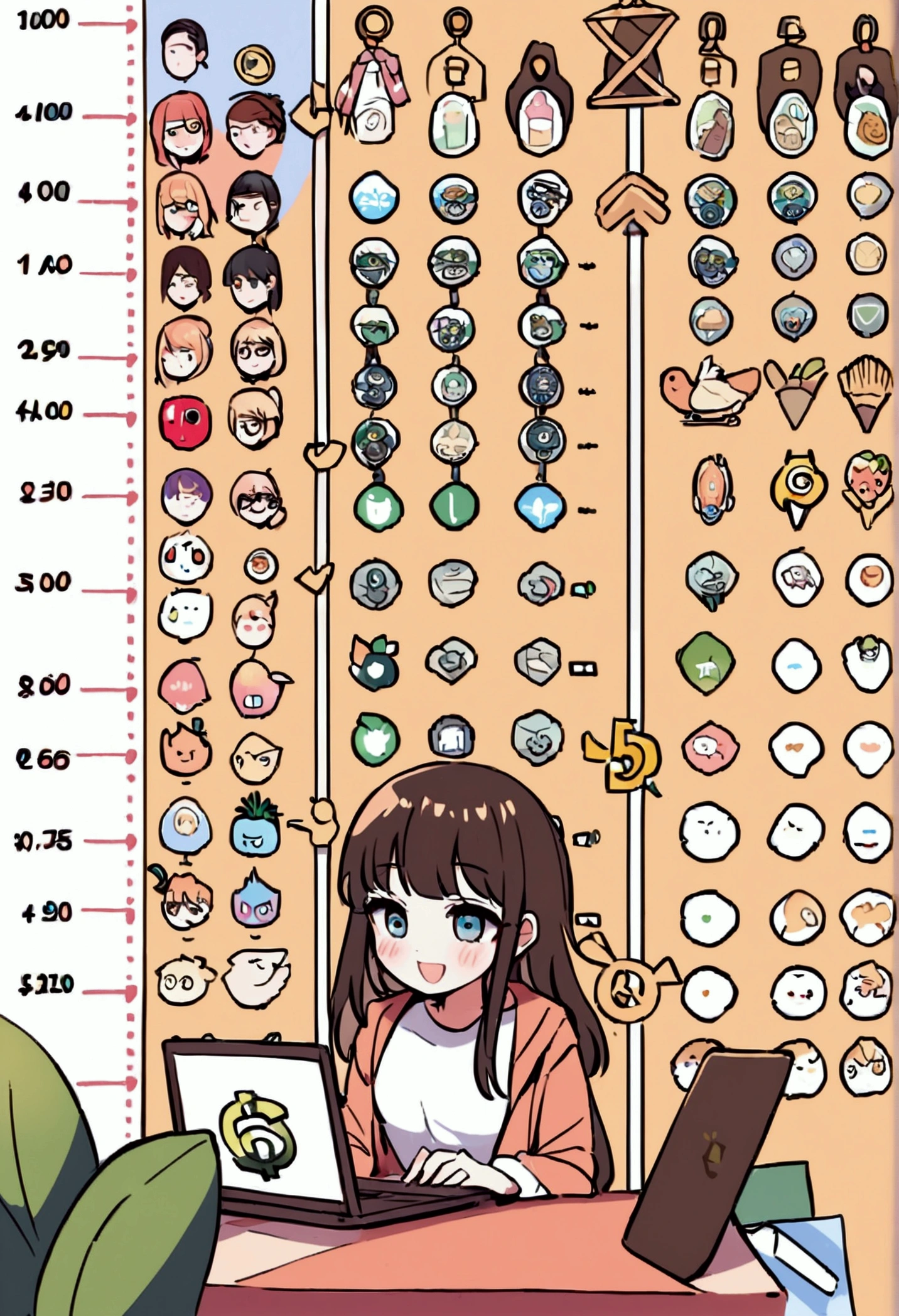 create an image with the following characteristics A young woman, modern and cool appearance, working on laptop in a cafe or at home, with a satisfied smile on his face. Ao fundo, icons representing various forms of extra income (For example, Social Media Icons, growth charts, a shopping cart, a dollar symbol).