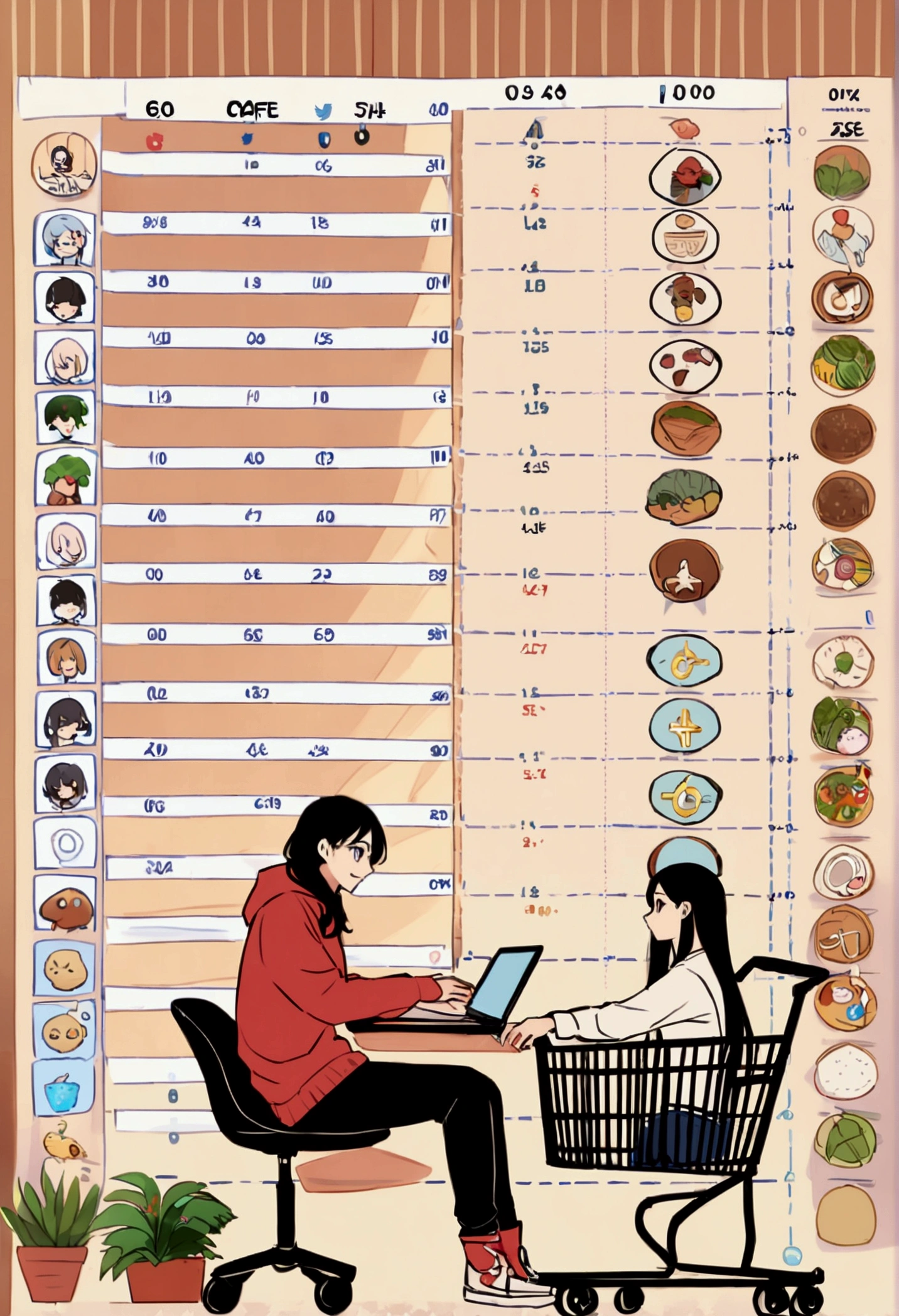 create an image with the following characteristics A young woman, modern and cool appearance, working on laptop in a cafe or at home, with a satisfied smile on his face. Ao fundo, icons representing various forms of extra income (For example, Social Media Icons, growth charts, a shopping cart, a dollar symbol).