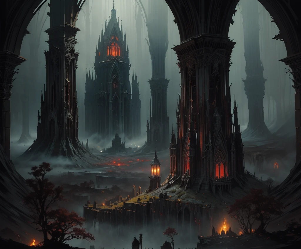 (by Greg Rutkowski: 1.2), (masterpiece), (best quality), extremely delicate and beautiful, illustration, (fantasy landscape), A mesmerizing fantasy landscape with enchanting elements blending seamlessly. , (adorned with spooky atmosphere surrounded with bloods). A sense of dark and horror fills the air, inviting exploration and discovery, depth of field, HDR, intricate, delicate. view from below, floor pov.