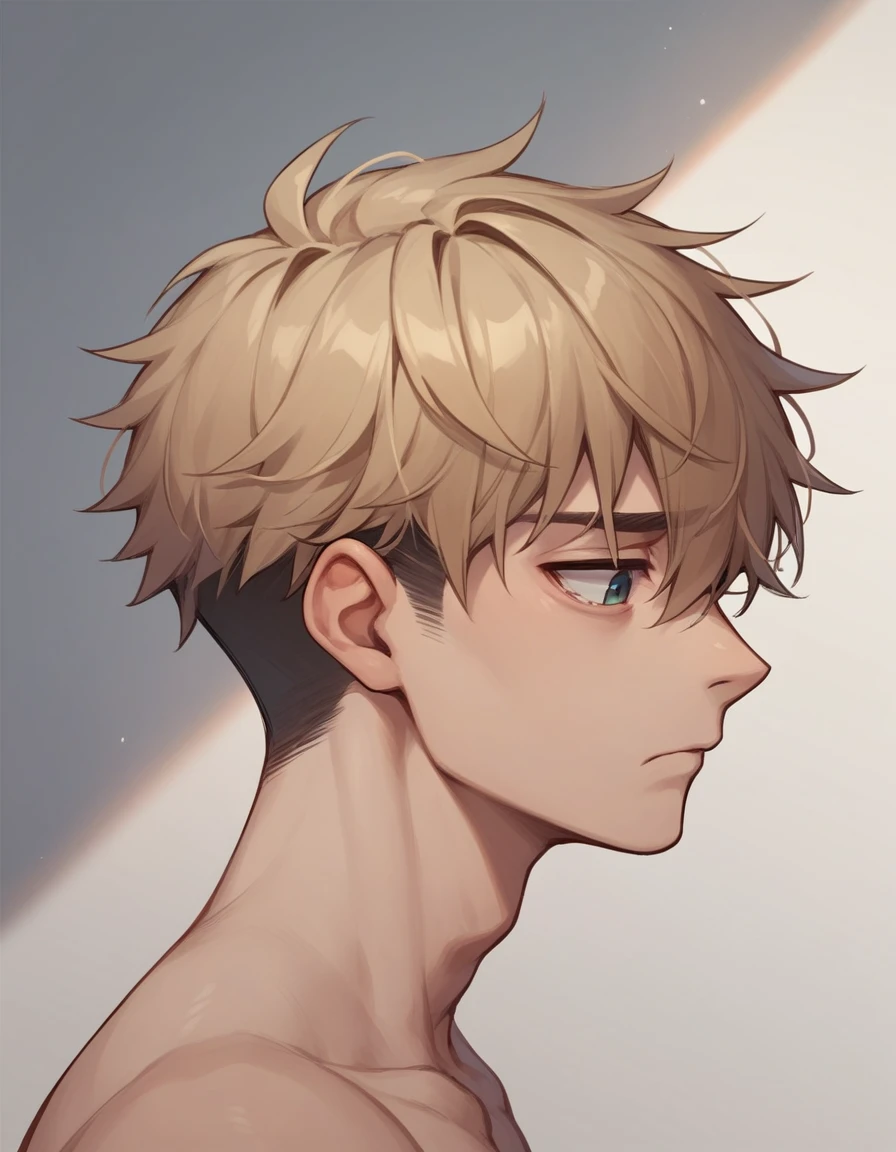 Boy in profile,  sad, Looking down,  short hair 