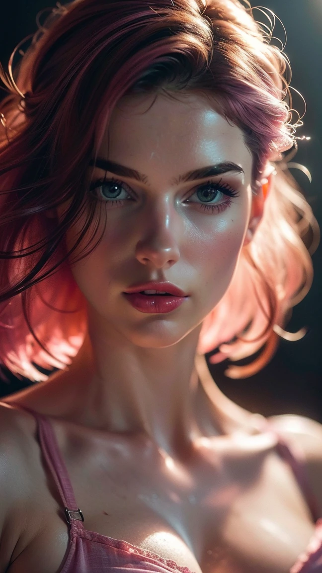 (((ultra realistic))) photoshot, work of art, maximum quality, (pale skin), (Rosto e olhos ultra detailds:1.3), 1 girl, grown-up, in a dress, ((eye make up, pink mascara)), ((detailed fake lips)), ((Pink волнистые волосы)), ((Stylish hairstyle)) , (natural breasts), (Waist slender). ((posando, hands on chest)), sessão de photoshots, (soft) Lighting, (The play of light and shadows), Depth of field, bokeh, (Special attention to skin details: 1.2), Detailed leather texture, skin pore. (Erotic atmosphere of the frame. Color range - purple, Pink, Tons), dr, ((film grain)), ((lightning strikes)), (sheen), ((Portrait from waist up)) , ultra detaild,