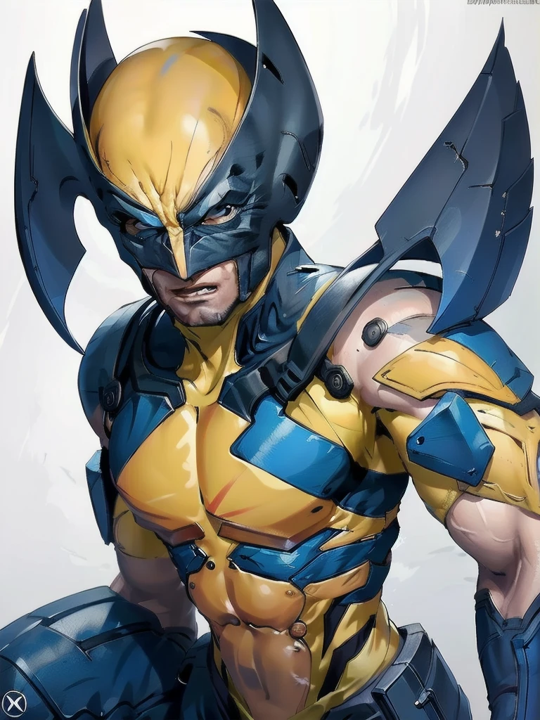 best quality, 16k, extremely detailed, delicate and dynamic, Logan Howlett, Wolverine, yellow bodysuit, blue gloves, Wolverine Style, (((Unmasked))), (masterpiece), best quality, expressive eyes, (white background:1.5),(((simple background)),  perfect face,  (perfect fingers), detailed eyes, detailed face, ,tshirt design logo,