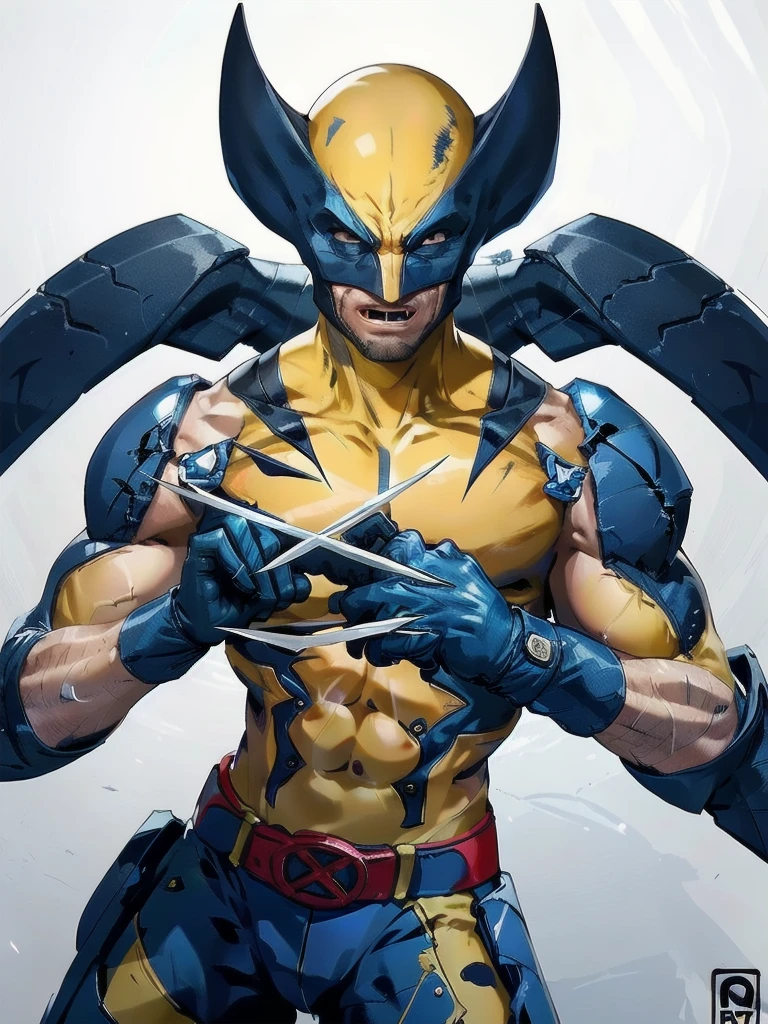 best quality, 16k, extremely detailed, delicate and dynamic, Logan Howlett, Wolverine, yellow bodysuit, blue gloves, Wolverine Style, (((Unmasked))), (masterpiece), best quality, expressive eyes, (white background:1.5),(((simple background)),  perfect face,  (perfect fingers), detailed eyes, detailed face, ,tshirt design logo,