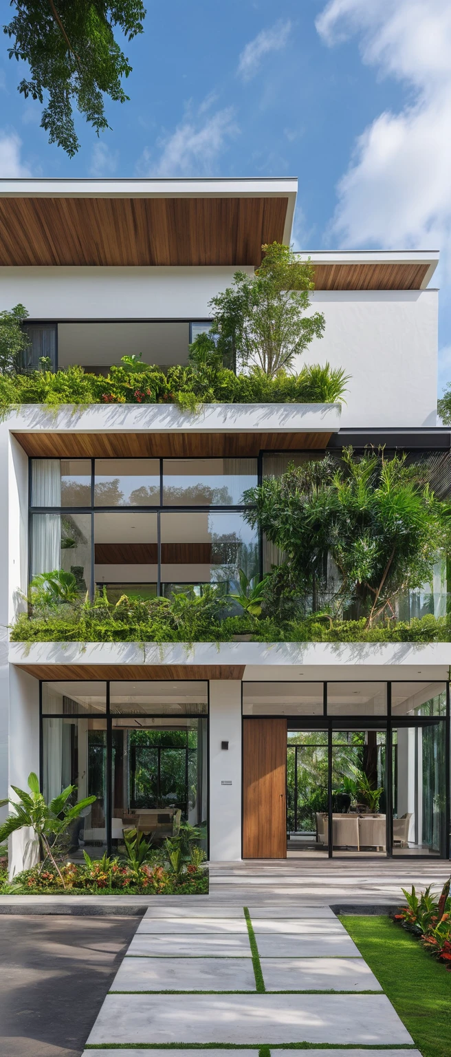 A hyper-realistic image of a modern house with a minimalist design, featuring a combination of wood and white materials. The house has a flat roof, large glass windows, and a balcony with a glass railing. The entrance is flanked by lush greenery and palm trees. There is a wooden gate in front and the garden includes various tropical plants. The overall ambiance is serene and contemporary, with detailed textures and realistic lighting, shadows, and reflections. The colors are vibrant and true to life, showcasing the natural beauty of the materials and the surrounding environment. Additionally, the house is surrounded by a well-maintained garden with various tropical plants and flowers, a clean street with a sidewalk, and a modern urban setting.
