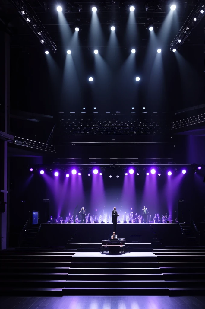evangelical church with a black stage and a band on top with LED lighting
