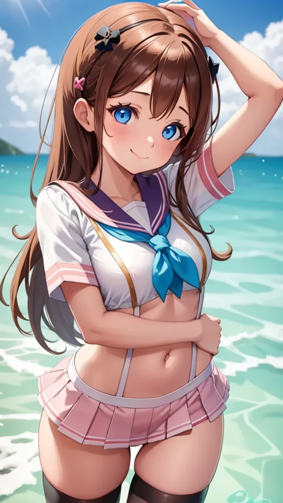 A woman with brown hair, bikini, girl,  sailor uniform , wearing a pink and white sailor suit, blue eyes, racing girl, Du Qiong, smile, gentle, covering one eye, light blue eyes, hairpin, halodon't have excessive composition problems, masterpiece, perfect composition, fine characterization black stockings