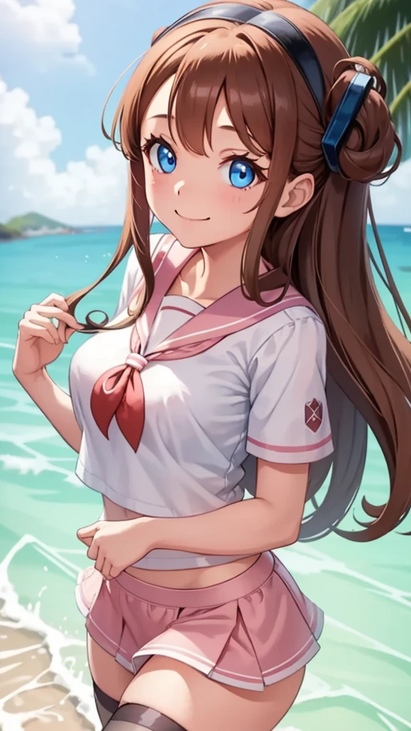 A woman with brown hair, bikini, girl,  sailor uniform , wearing a pink and white sailor suit, blue eyes, racing girl, Du Qiong, smile, gentle, covering one eye, light blue eyes, hairpin, halodon't have excessive composition problems, masterpiece, perfect composition, fine characterization black stockings