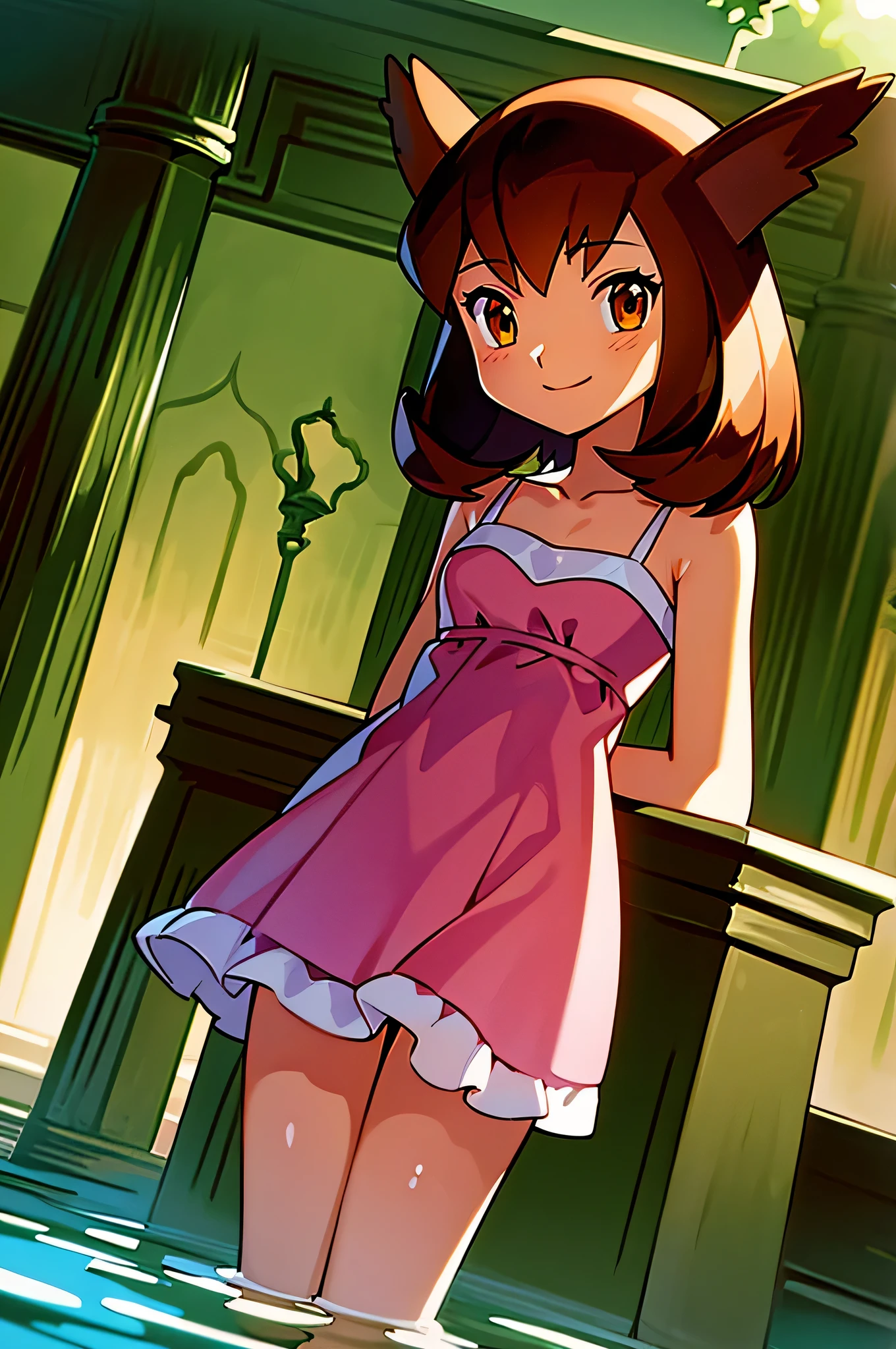masterpiece, best quality, ultra-detailed, illustration, beautiful detailed eyes, very detailed illustration, cinematic lighting, 1 girl, solo, Pokemon Heroes (Bianca), Brown Hair, brown eyes, 1 girl, solo, sleeveless, collarbone, Pink Camisole dress, pink dress, intricate details, sharp focus, high resolution, the background of beautiful garden with columns, on a beautiful night, full moon, smile, standing near a water pool on the bottom, arms at sides, anime style, ultra-detailed, hdr, far at the bottom, in the center, Close up, cowboy shot