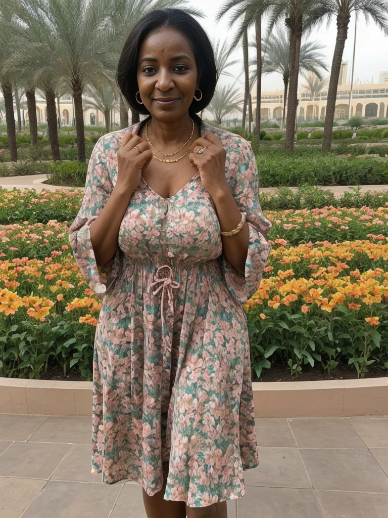 Zainab, 1girl, solo, ((Sudanese woman)), consistent face and body, ((MILF)), ((50 years old)), (mature), ((slim)), ((Sudanese face)), (Sudanese nose), (Sudanese lips), upper body and upper legs, (background: Dubai Miracle Garden in Dubai), BREAK, (wearing stylish floral dress)