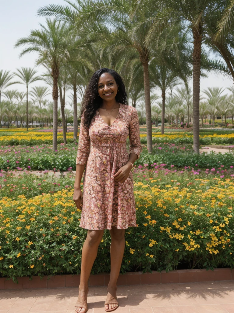 Zainab, 1girl, solo, ((Sudanese woman)), consistent face and body, ((MILF)), ((50 years old)), (mature), ((slim)), ((Sudanese face)), (Sudanese nose), (Sudanese lips), upper body and upper legs, (background: Dubai Miracle Garden in Dubai), BREAK, (wearing stylish floral dress)