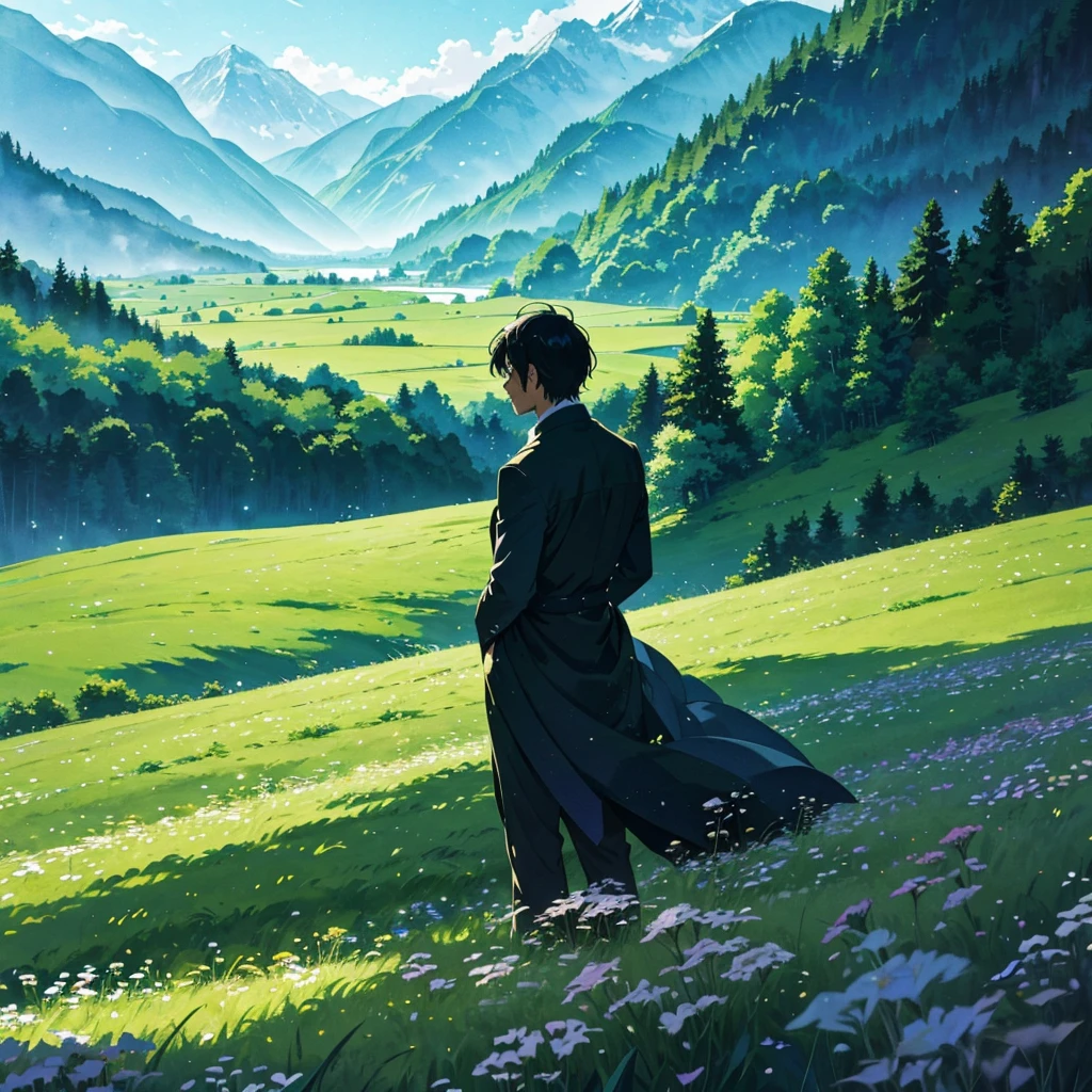 In a lush meadow, a man with black hair is alone, his gaze fixed on the night sky, His expression blank as his clothes flutter in the wind.
REST in silence, He stands up, a solitary figure in the middle of the immensity.
BREAK Behind him, a green forest spreads, while in the distance, majestic mountains are glimpsed.
REST The most suitable effect for this scene would be a watercolor painting technique to capture the softness of the meadow and the fluidity of movement..