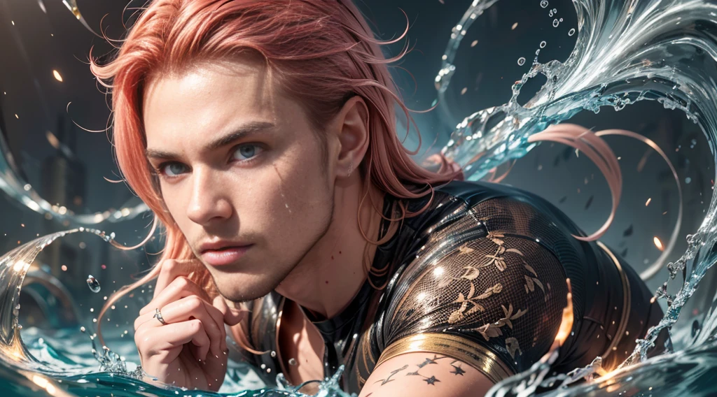 A strong man, short pink hair, short beard, has orange eyes, is underwater, has tattoos all in shades of black, has a golden trident, realistic drawing style, focus on the face