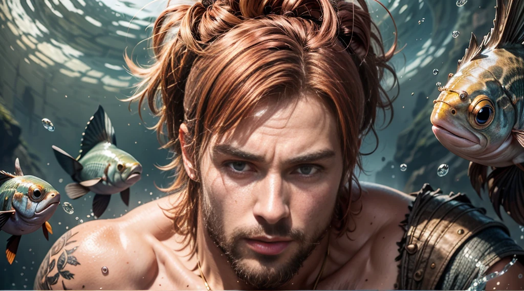 A strong man, short pink hair, short beard, has orange eyes, is underwater, has tattoos all in shades of black, has a golden trident, realistic drawing style, focus on the face