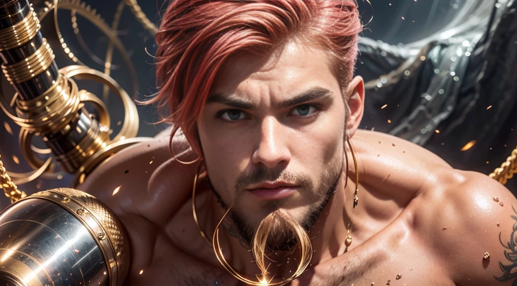 A strong man, short pink hair, short beard, has orange eyes, is underwater, has tattoos all in shades of black, has a golden trident, realistic drawing style, focus on the face