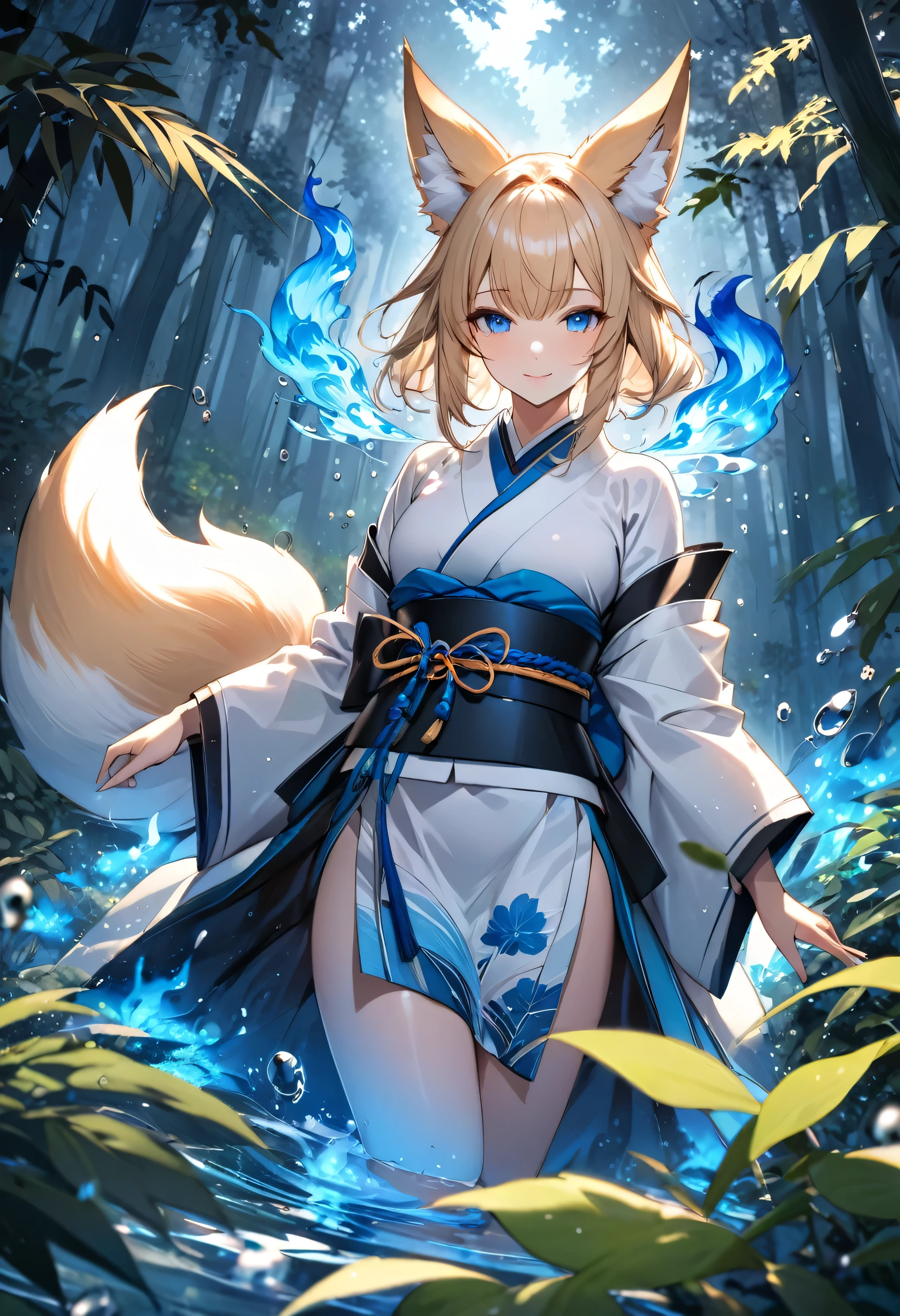 Masterpiece, Extremely detailed, beautiful, perfect face e, close distance shot, (A beautiful kitsune woman peering through the leaves in a dense forest) , {she is surrounded by motes of blue fire}, facing viewer, (dynamic pose) , fox ears, nine fox tails, traditional Japanese clothing. Japanese sandels, ((vegetation in the forground, water droplets on leaves, subject partially obscured by vegetation)) , ((moonlit night))
