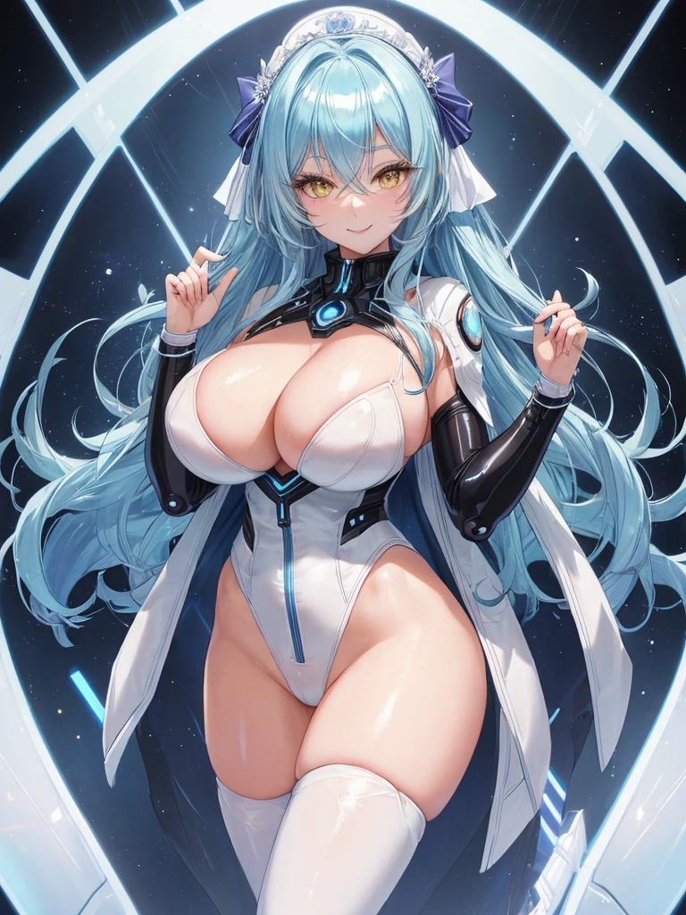 (masterpiece:1.2), (ultra detailed:1.2), (Highest quality:1.2), (Very-cute-and-beautiful-1gir)l, (16-years-old), BREAK ultra detailed beautiful face, (ultra Delicate beautiful yellow-cute-eyes, Iris, Long eyelashes), Attractive lips, BREAK absurdly long wavy hair, shiny pastel blue hair, Delicate hair portrayal, hair bow, BREAK (slim body and gigantic breasts:1.4), narrow waist and leggy, beautiful curvy cute ass, BREAK (porcelain and Translucent shiny skin:1.2), (sweaty skin:0.7), BREAK Precise anatomy, (Happy Smile), BREAK (High leg Futuristic Spacesuit), (Over the knee tights), ultra detailed, The cockpit is surrounded by glowing monitors, background, BREAK (standing in the center), striking a model-like pose, (character focus:1.2), (cowboy shot, Wide Angle, shoot from front), Professional lighting, atmospheric perspective, BREAK extremely detailed CG, Incredibly absurd 8k wallpaper,