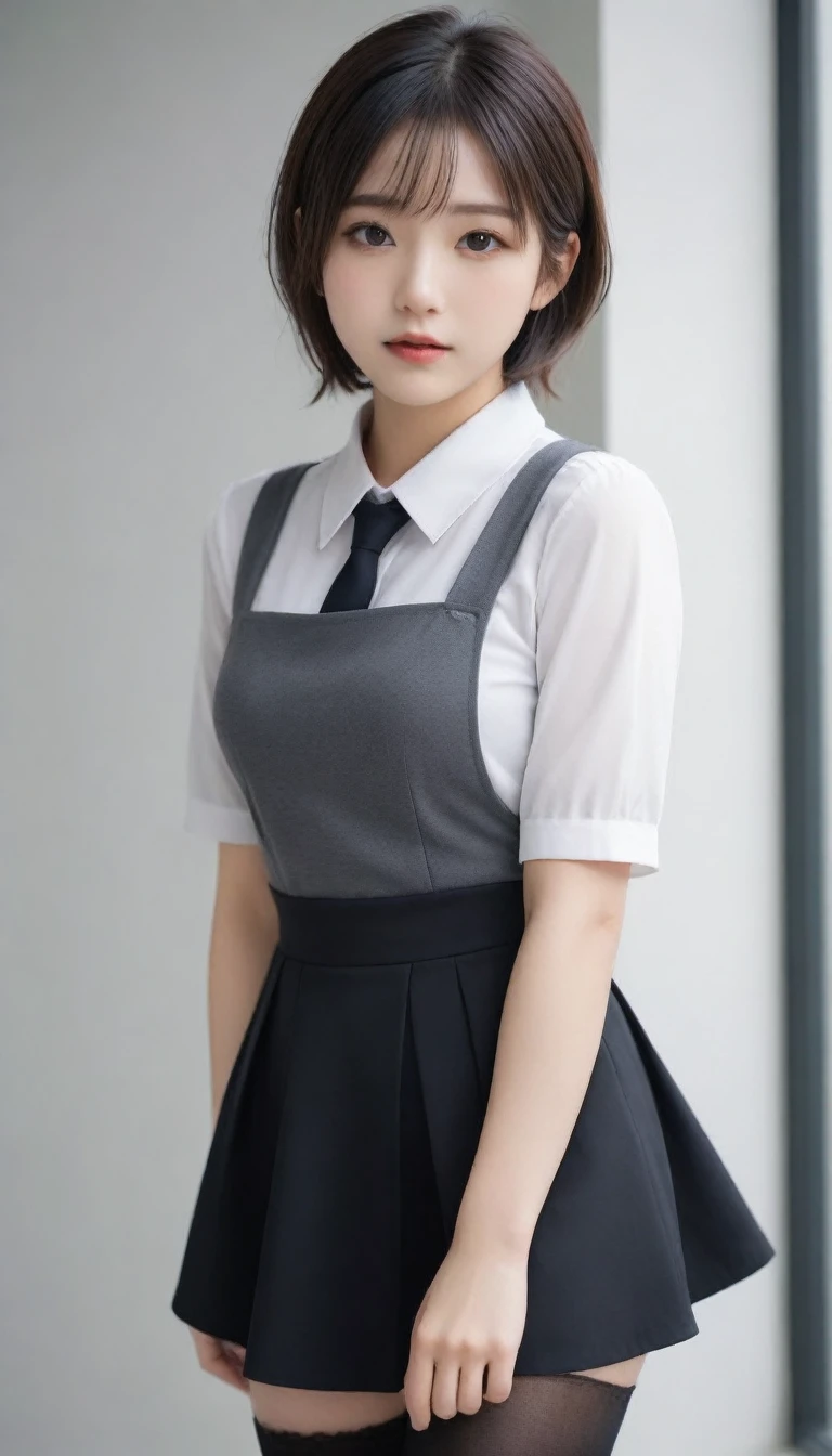 8k, Ultra-high resolution, Highest quality, masterpiece, 三分割法によるphotograph,Surreal, photograph, 1 Girl, (15 years old:1.3), pretty girl, Cute Face, Beautiful eyes in every detail, 細かくdetailedに,masterpiece,One Girl:1.2,Japanese high school girls,full body,sad,Black short hair,Messy bun hair,(black suit:1.3),Black Pencil Skirt,(印象派の美しい少女のPortraiture), (Gray background:1.3),(Impressionist light and colour),Dedication to God,Black Stockings,High heel boots,Beautiful leg line beauty,Realistic Skin, Perfect and beautiful face ,完璧でCute Face, Skin with attention to detail, Perfect limbs、Narrow waist,Looking at the audience、beauty,Long neck,clavicle,(((Ideal body type))),A cup small breasts :2,Portraiture:2,Perfect Anatomy,鮮明なdetailed,detailed,Surreal,Light and shadow,spotlight