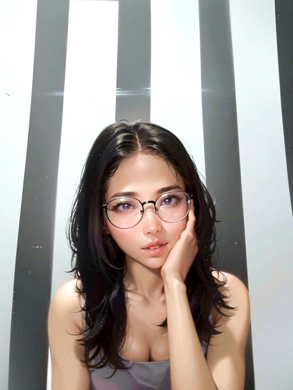 best quality, ultra high res, 1girl, sleeveless white button shirt, black skirt, black choker, cute, (Kpop idol), (aegyo sal:1), (platinum blonde hair:1), ((puffy eyes)), looking at viewer, full body, facing front