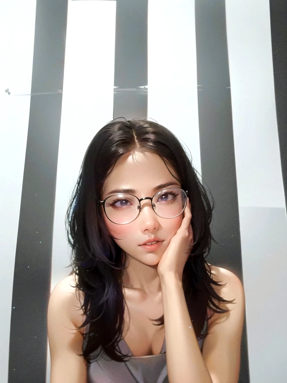 best quality, ultra high res, 1girl, sleeveless white button shirt, black skirt, black choker, cute, (Kpop idol), (aegyo sal:1), (platinum blonde hair:1), ((puffy eyes)), looking at viewer, full body, facing front
