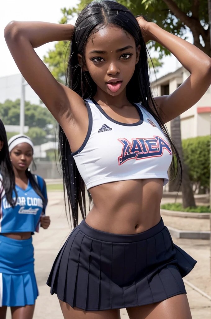 1 hot girl, dark skin, black eyes, ahegao, african, long hair, school girl, , small breasts, navel, exposing clothes, cheerleader, hand behind head, armpits, tight body, big lips, tongue out, she is wet