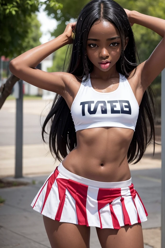 1 hot girl, dark skin, black eyes, ahegao, african, long hair, school girl, young teen, small breasts, navel, exposing clothes, cheerleader, hand behind head, armpits, tight body, big lips