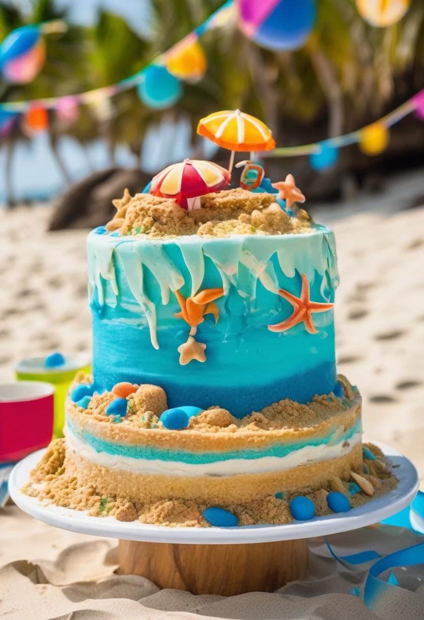Two-tier cake with beach party decoration and have experiment 626 and also experiment 624 on the cake sitting on the cake enjoying the beach party and having confetti at the party 