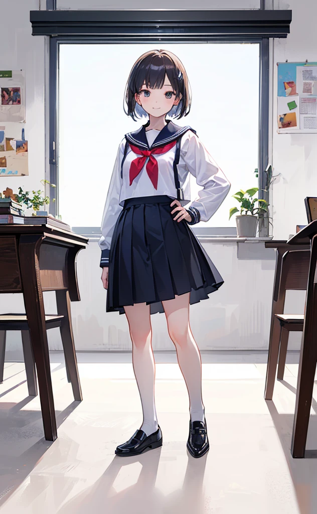 Full body ,dynamic Standing ,(realistic:1.37)、Full body ,(Masterpiece), ((((best quality))) , (((very detailed))) , (((Masterpiece))) , 1 girl, cute, 16 years old, smile, Look at the viewer., sailor suit, Seifuku, photograph, realistic, best quality, hired, detailed face, classroom, Detailed background, depth of field, Bokeh , white background , (Full body:1.5), Blank white background, (white background), Transparent background, looking down, ((masterpiece, illustration, best quality)) 