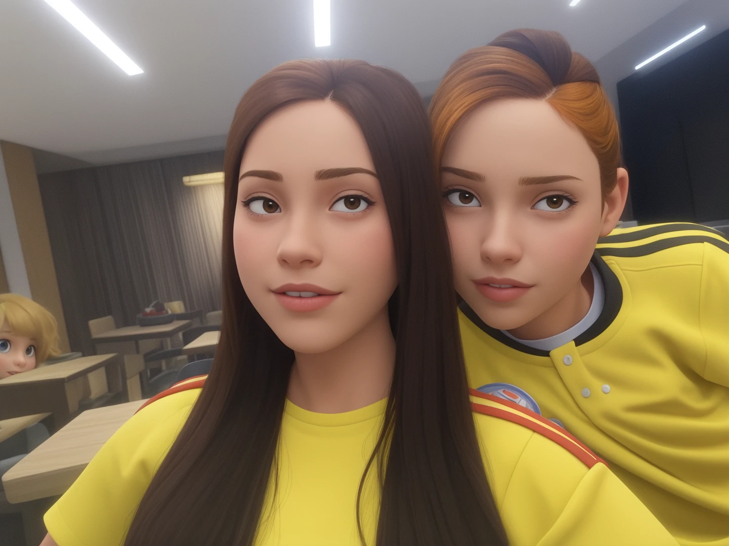 A blond-haired and light-skinned woman dressed red with her brown-haired baby with white shirt and suspenders. Estilo Disney pixar alta qualidade melhor qualidade