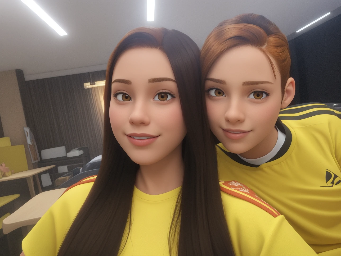 A blond-haired and light-skinned woman dressed red with her brown-haired baby with white shirt and suspenders. Estilo Disney pixar alta qualidade melhor qualidade