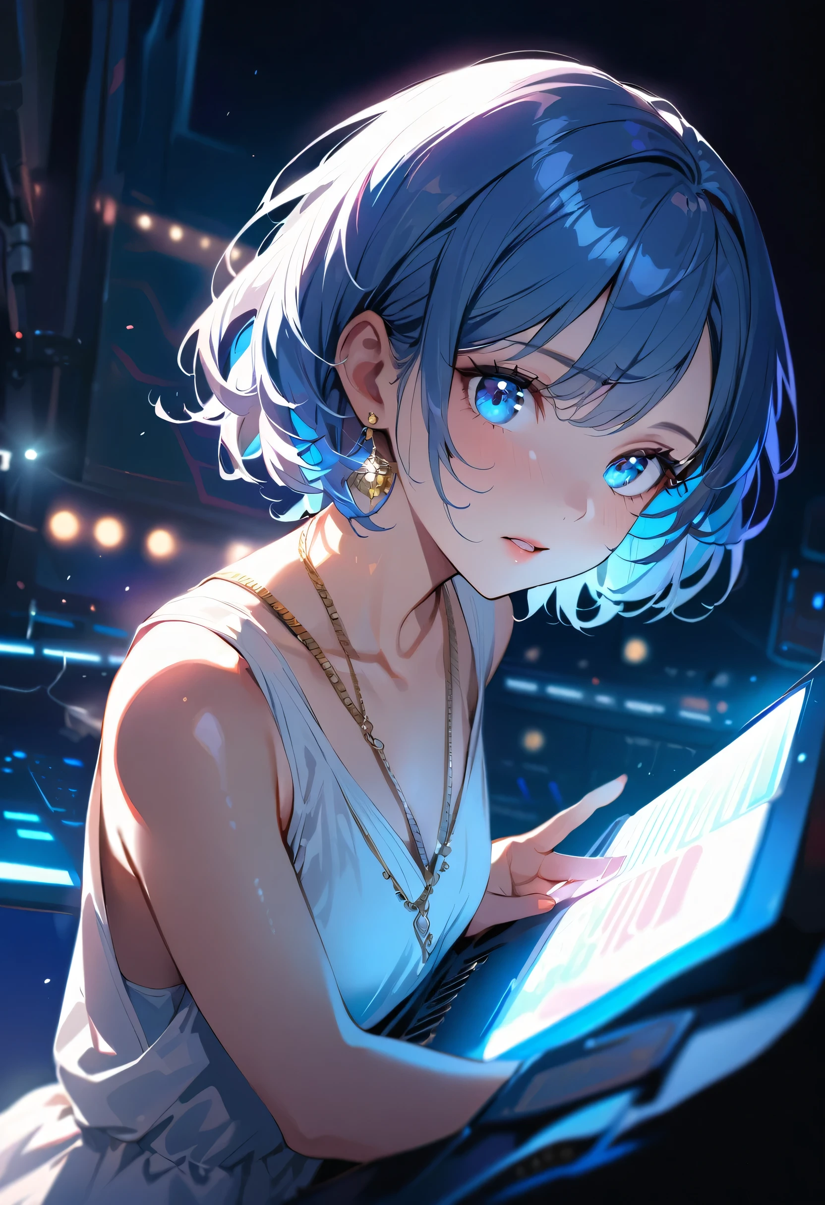 masterpiece, Highest quality, (((Playing the Electone)))、Raise awareness, Sax Blue, プラチナEarrings, Platinum Necklace, White Dress, One Girl, cute, (Dynamic Lighting:1.2), Cinema Lighting, Delicate facial features, Detailed eyes, Sharp pupils, Realistic student, Written boundary depth, ボケ Written boundary depth, Sharp focus, (Very detailed, bloom, Shine:1.4), Lots of little gems, (((short_hair))),　Toru Asakura、黒hairs、Earrings、gradation hair、multi color hair、分けた前hair、blue hair、Upper Body、Ultra close-up footage、