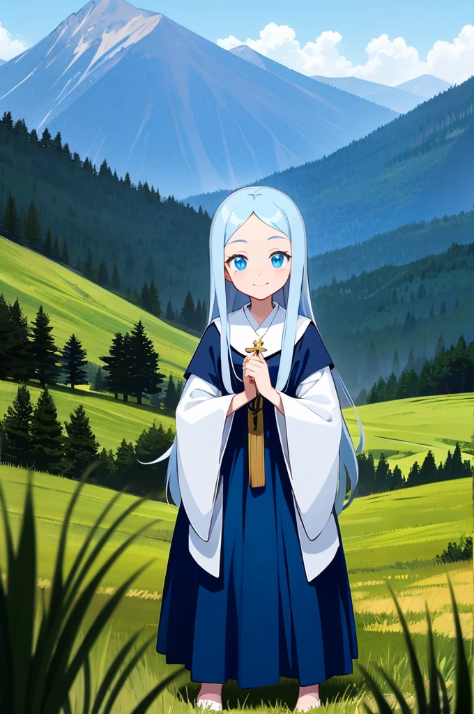 Blue long hair,Blue eyes,little girl,10 years old,student,Half-length photo,Wearing black religious robes,Smile,Face flushing,Holding the Bible in both hands,Standing on the grass,Mountains in the background