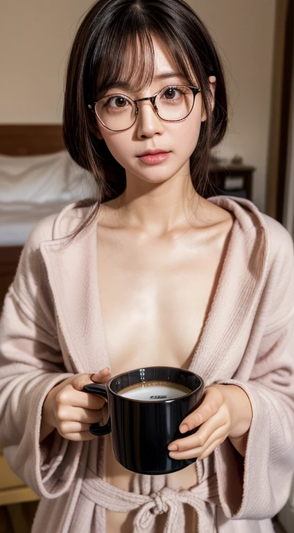 1girll,Solo, ((my dirty room)),shush,cheerfulness,lightsmile,(dressing gown)、 (Open your clothes), ((completely nude)),(visible nipples and hairy pussy)、((Delicate Photos)),(Detailed RAW photos of girls), (masutepiece:1.25), (Best Quality:1.6), (超A high resolution:1.5), (Photorealistic:1.75), 8K resolution, Canon EOS R5, 50 millimeters, absurderes, ultra-detailliert,Cinematic lighting、sexy facial expression、Different hairstyles、A dark-haired、Long bangs、Ahoge、((Have a mug))、dishevled hair、morning,medium shot,(Glasses),