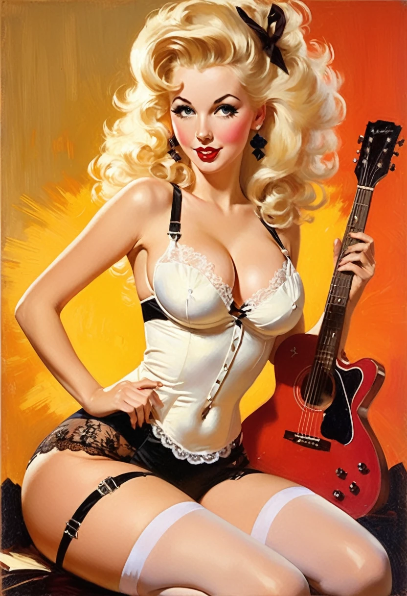 A Gil Elvgren pin-up style painting of a beautiful blonde woman with big messy hair in seductive lingerie, cleavage, white stockings, in a provocative pose with a guitar, vibrant and colorful, 