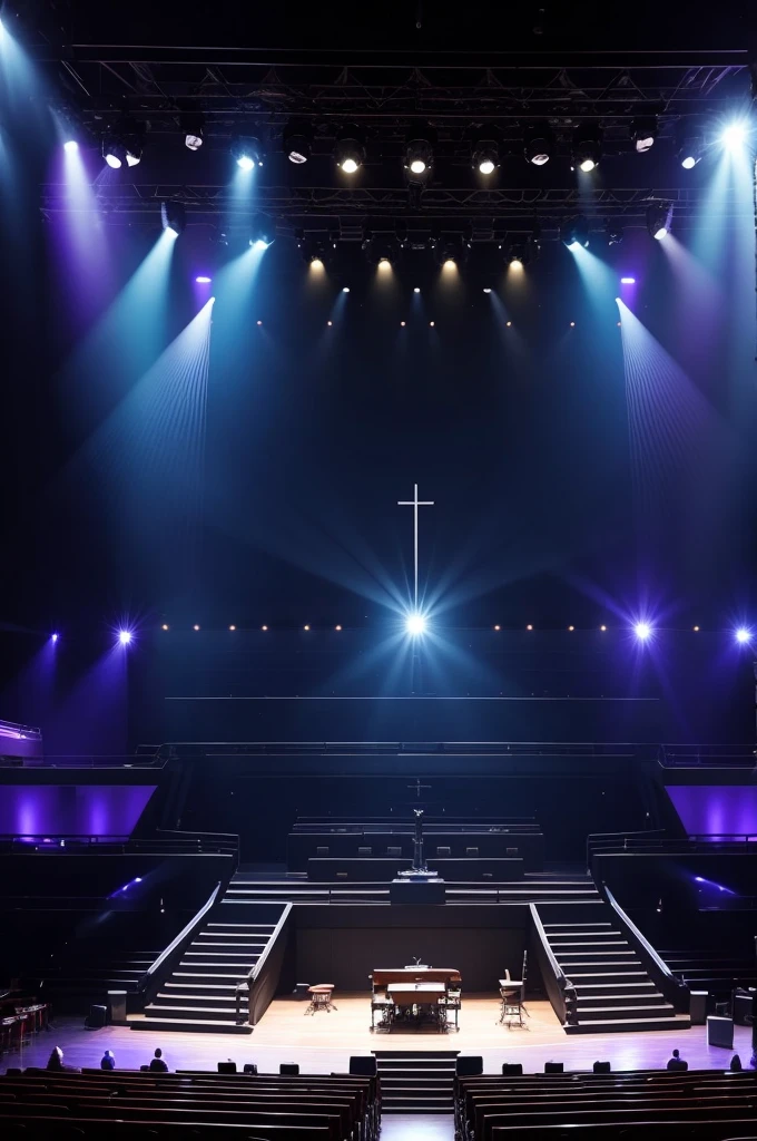evangelical church with a black stage and a band on top with LED lighting