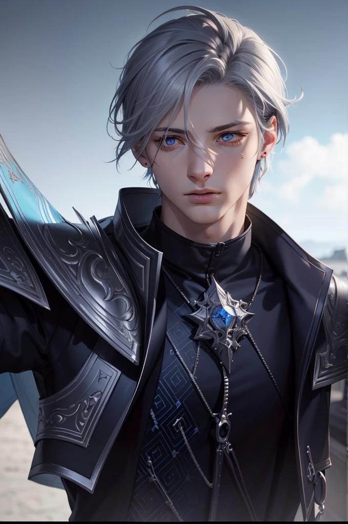 ashva, clothed, masculine male, masterpiece, ((perfect eyes)) best quality, (semirealism:1.9), beautiful lighting, (extremely detailed CG unity 4k fhd wallpaper),realistic, high detail, sharp focus, dramatic outdoors, one man, 19 years old, grey hair, light blue eyes, full body, pants, standing, bright blue background, blue navy clothes.