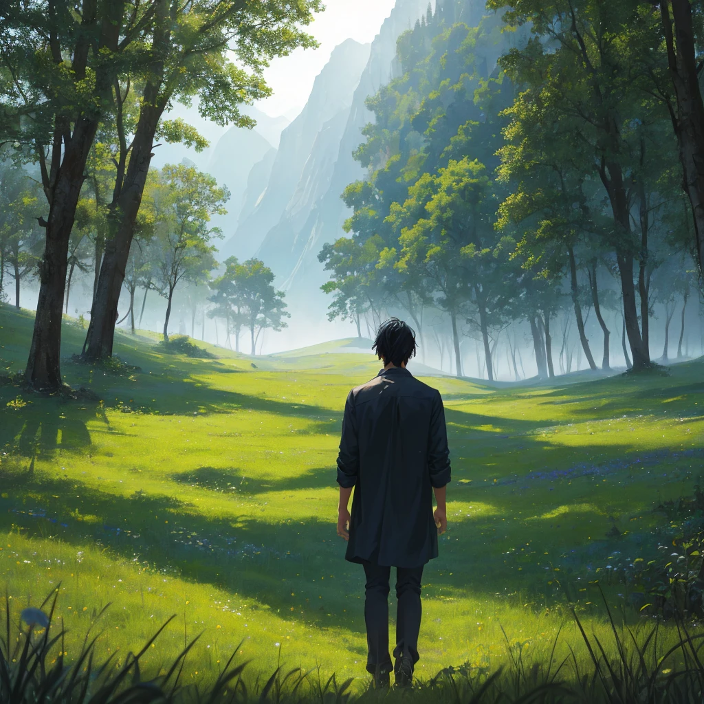 In a lush meadow, a man with black hair is alone, his gaze fixed on the night sky, His expression blank as his clothes flutter in the wind.
REST in silence, He stands up, a solitary figure in the middle of the immensity.
BREAK Behind him, a green forest spreads, while in the distance, majestic mountains are glimpsed.
REST The most suitable effect for this scene would be a fog technique to capture the softness of the meadow and the fluidity of movement..