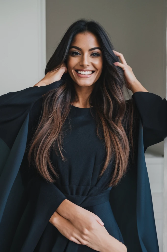 beautiful but scary woman she is wearing a cape that hides her face but does not hide her terrifying smile