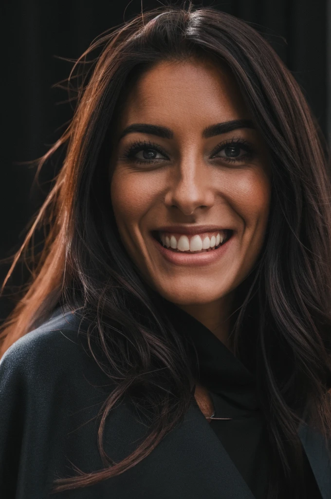 beautiful but scary woman she is wearing a cape that hides her face but does not hide her terrifying smile