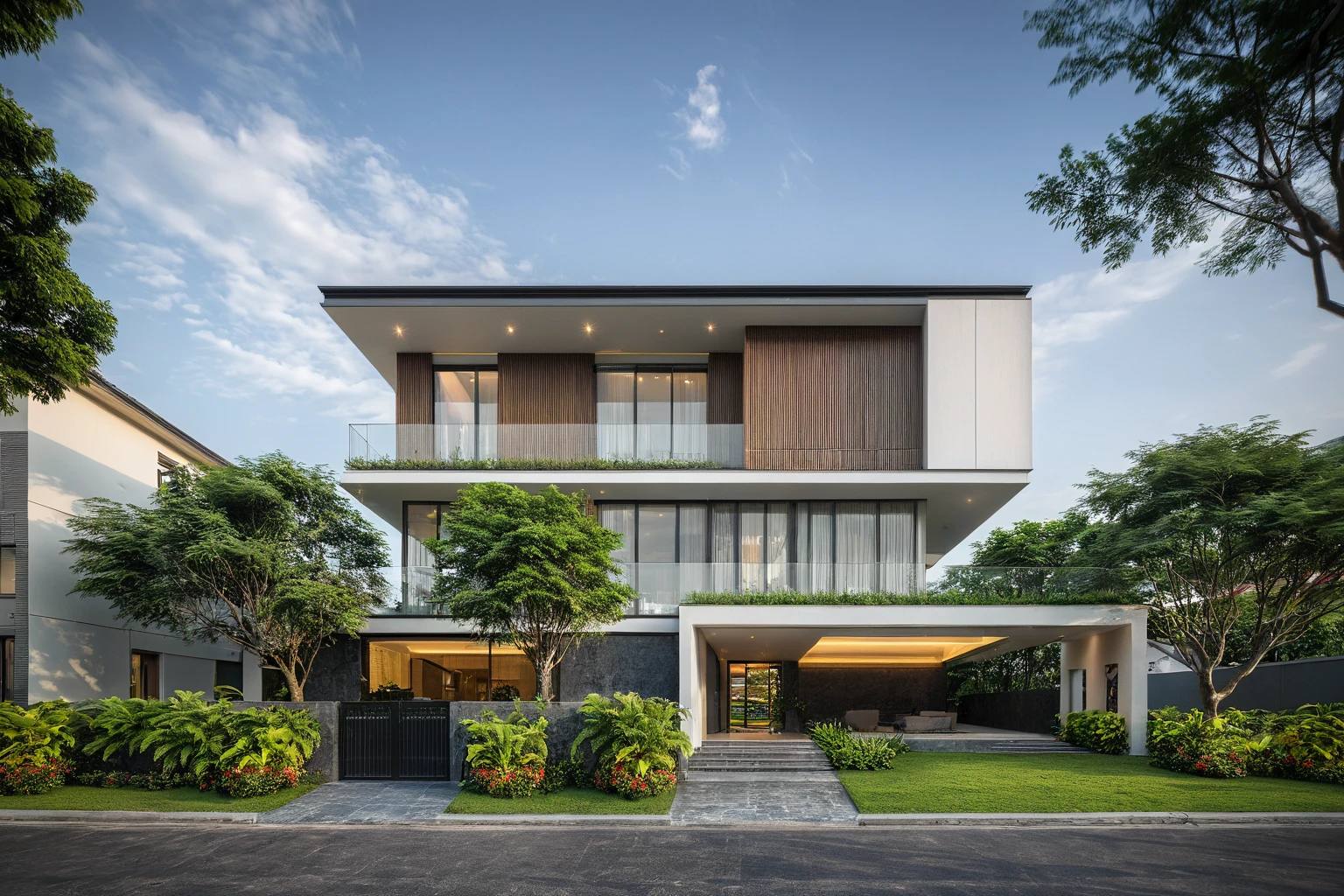modern villa on street, (daylight), tropical tree, (slope roof, black tiled roof:1.2), vivid color, streetcapes, nice sky, grey tone, large glass door, warm interior lighting, modern material, best quality, ultra realistic, masterpiece, 17ArchiAI_XL_VL-v1
