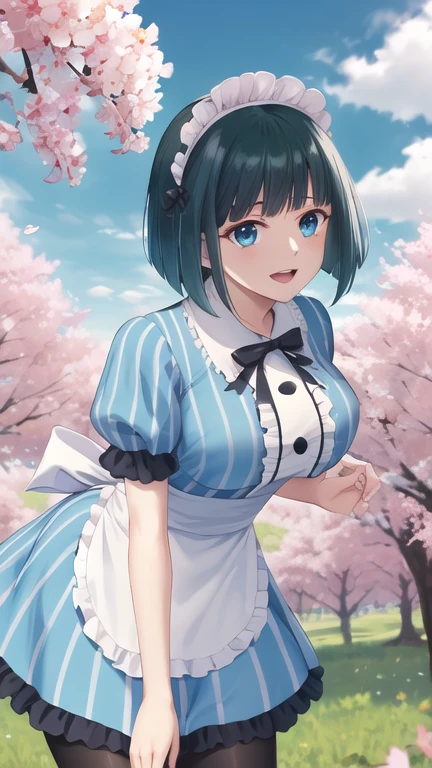 masterpiece, best quality, highres, 1girl, solo, short hair, green hair, bob cut, maid headdress, blue eyes, large breasts, frills, vertical-striped dress, blue dress, short sleeves,  black pantyhose, standing, cowboy shot, arms behind back, smile, open mouth, leaning forward, outdoors, cherry blossoms,