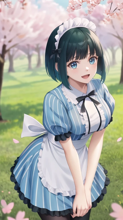 masterpiece, best quality, highres, 1girl, solo, short hair, green hair, bob cut, maid headdress, blue eyes, large breasts, frills, vertical-striped dress, blue dress, short sleeves,  black pantyhose, standing, cowboy shot, arms behind back, smile, open mouth, leaning forward, outdoors, cherry blossoms,