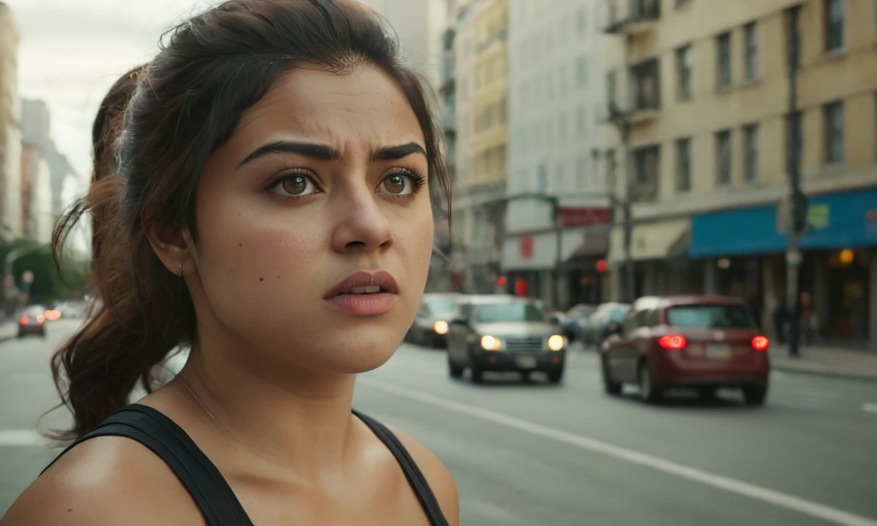 Create an image of a young woman titled 'LuciaGTA6SDXL', standing on a city road during the day, her face clearly showing tension and worry. The setting is urban and bustling, with cars and pedestrians in the background. Capture the woman's expression with furrowed brows, a slightly clenched jaw, and eyes that convey a sense of anxiety or concern. Use natural daylight to illuminate her face, emphasizing the shadows and highlights to enhance the tension in her expression. The surroundings should reflect a typical city street atmosphere, adding to the realism and intensity of the moment.