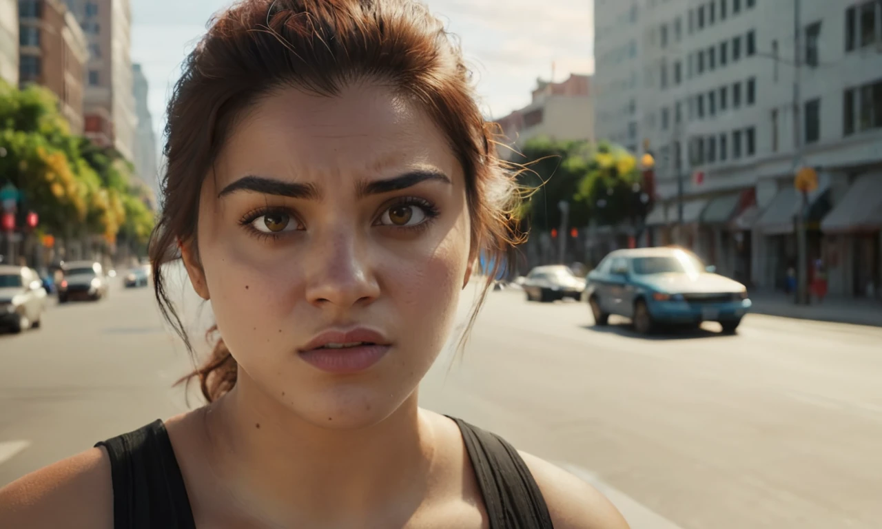 Create an image of a young woman titled 'LuciaGTA6SDXL', standing on a city road during the day, her face clearly showing tension and worry. The setting is urban and bustling, with cars and pedestrians in the background. Capture the woman's expression with furrowed brows, a slightly clenched jaw, and eyes that convey a sense of anxiety or concern. Use natural daylight to illuminate her face, emphasizing the shadows and highlights to enhance the tension in her expression. The surroundings should reflect a typical city street atmosphere, adding to the realism and intensity of the moment.