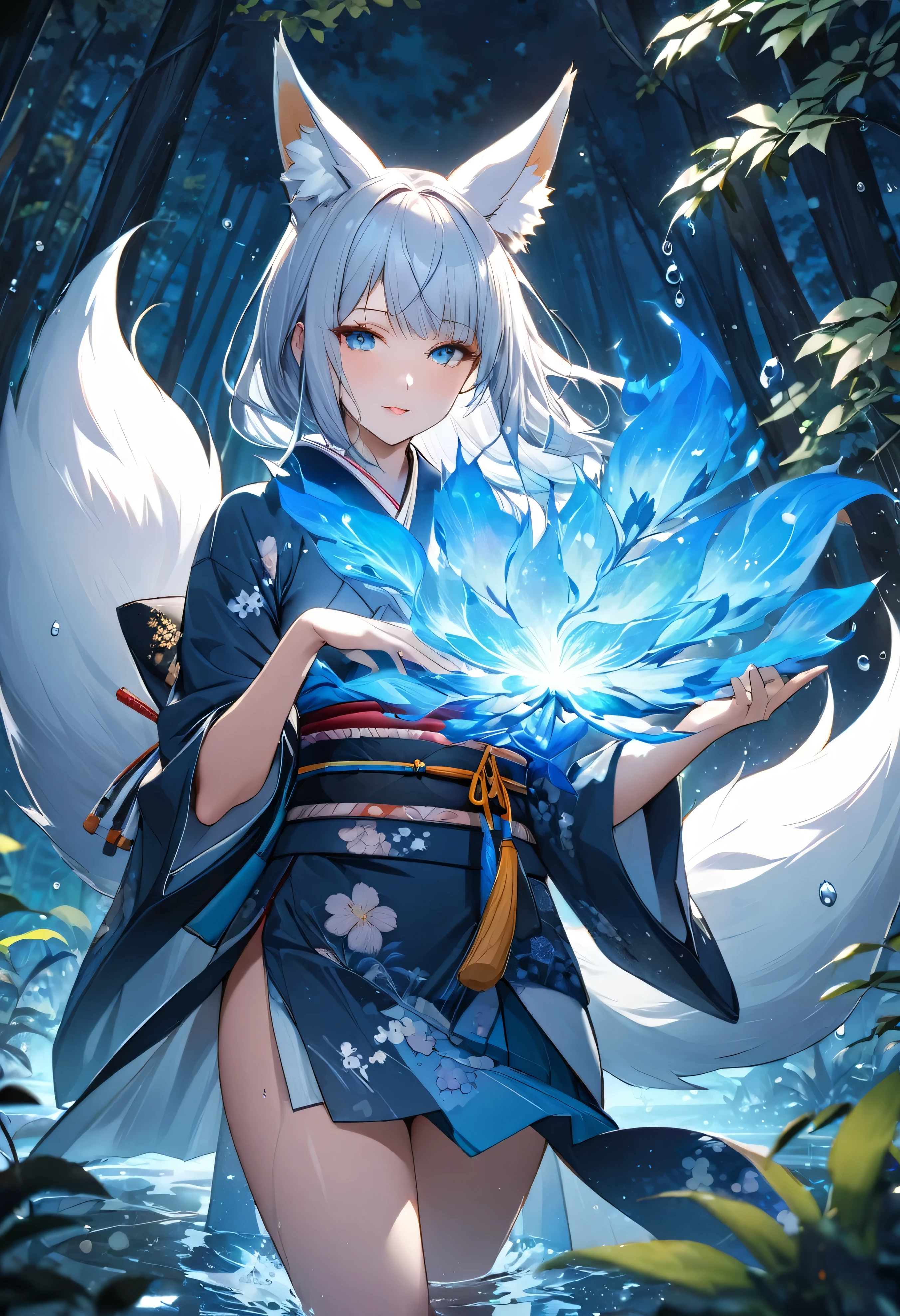 Masterpiece, Extremely detailed, beautiful, perfect face e, close distance shot, (A beautiful kitsune woman peering through the leaves in a dense forest) , {she is surrounded by motes of blue fire}, facing viewer, (dynamic pose) , fox ears, nine fox tails, traditional Japanese clothing. Japanese sandels, ((vegetation in the forground, water droplets on leaves, subject partially obscured by vegetation)) , ((moonlit night))